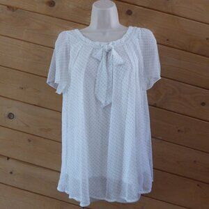 White Black Polka Dot Ties Front Bow Lined Blouse Shirt Top Chiffon Polyester L